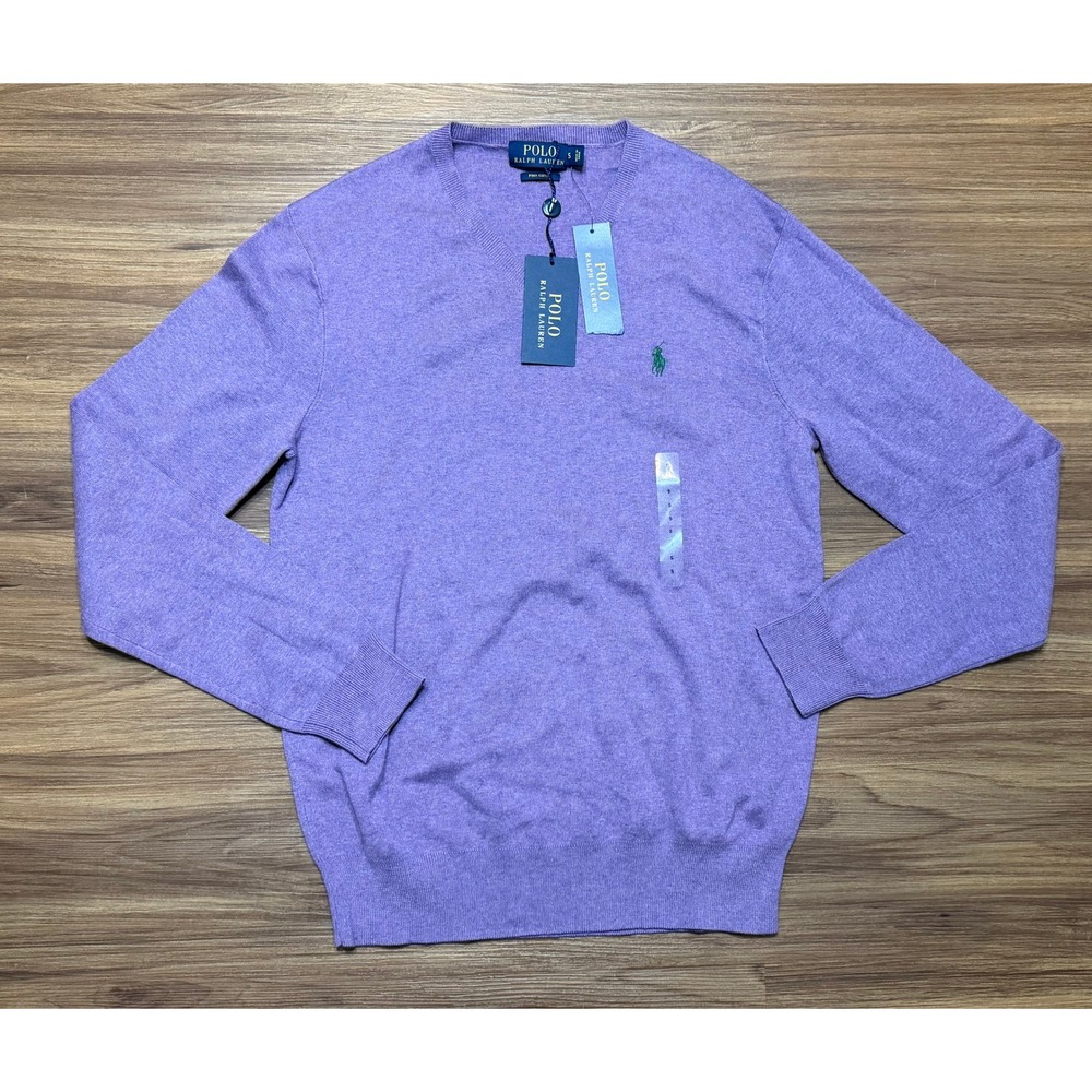 Polo Ralph Lauren Mens Pima Cotton V-Neck Sweater Purple Green Pony Sz S